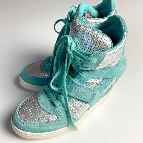 ASH Bea High-Top Wedge Sneaker in blue & silver suede leather - Picture 2 of 11